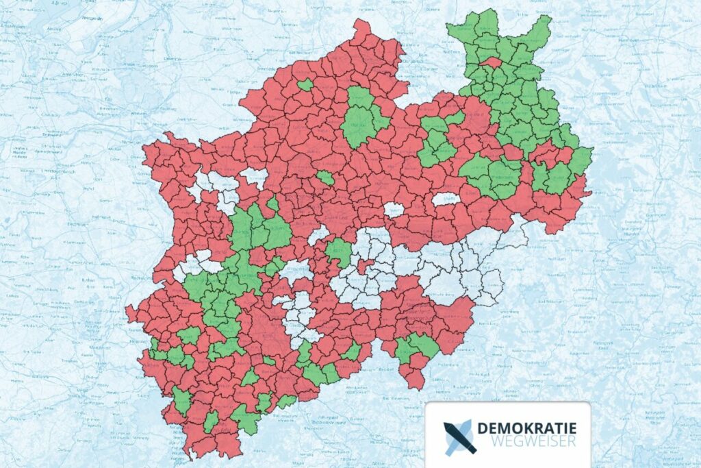 NRW-Karte mit Zwischenstand zur Wahlbezirksrecherche